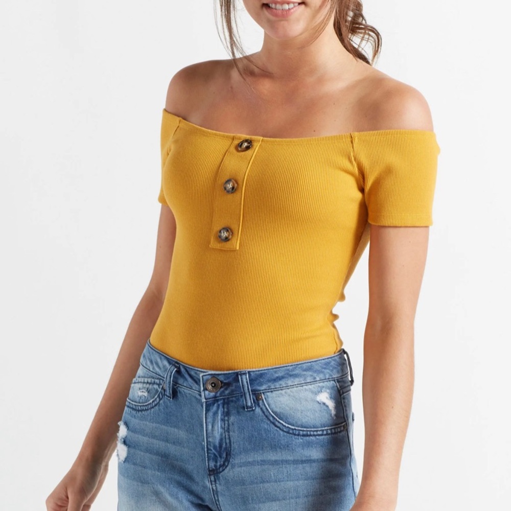 Large off shoulder mustard body suit. Ribbed semi stretchy fabric.